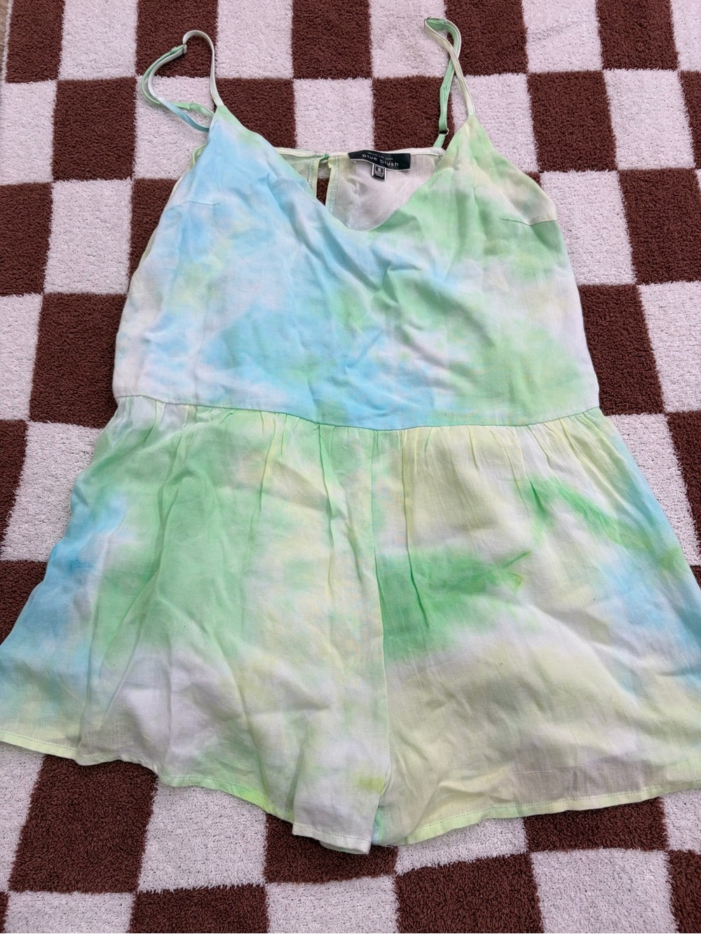 Blue Blush Pastel Blue & Light Green Tie-Dye Spaghetti Strap Romper
